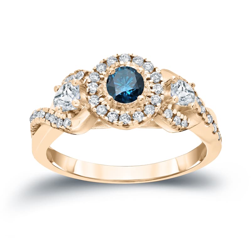 Auriya Unique 3-stone Blue Diamond Halo Engagement Ring 3/5ct TDW 14k Gold