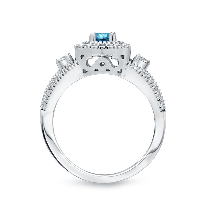 Auriya Unique 3-stone Blue Diamond Halo Engagement Ring 3/5ct TDW 14k Gold