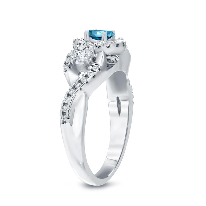 Auriya Unique 3-stone Blue Diamond Halo Engagement Ring 3/5ct TDW 14k Gold