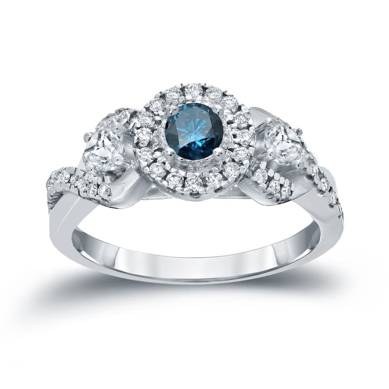 Auriya Unique 3-stone Blue Diamond Halo Engagement Ring 3/5ct TDW 14k Gold