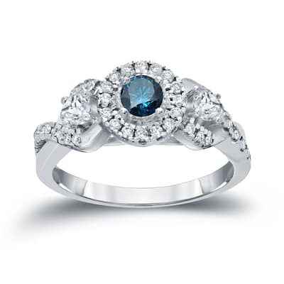 Auriya Unique 3-stone Blue Diamond Halo Engagement Ring 3/5ct TDW 14k Gold