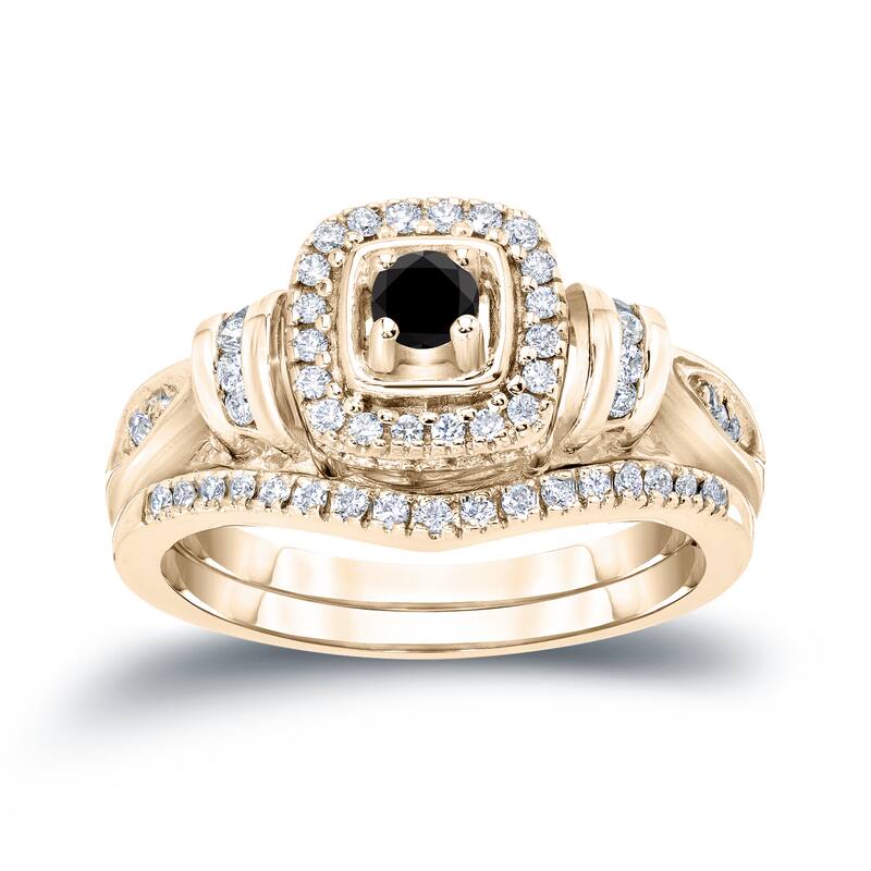 Auriya 1/2ctw Halo Black Diamond Engagement Ring and Wedding Band Set 14k Gold
