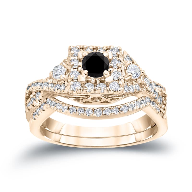 Auriya 3/4ctw Vintage Inspired Halo Black Diamond Engagement Ring Set 14k Gold