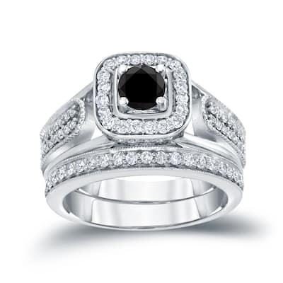 Auriya 3/4ctw Halo Black Diamond Engagement Ring Set 14k Gold