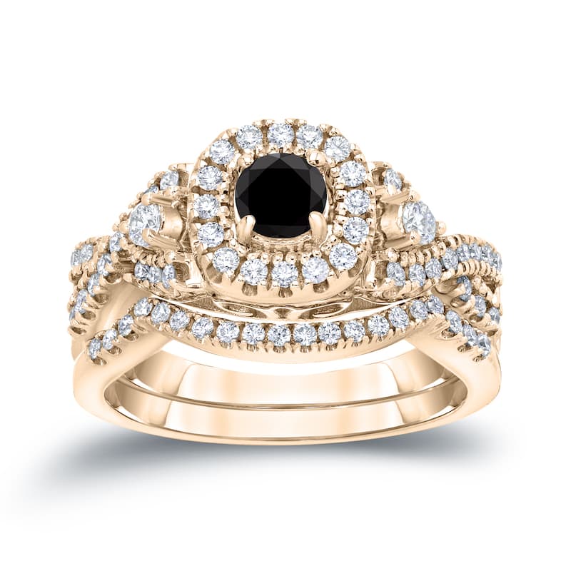 Auriya Vintage 3/4ctw Halo Black Diamond Engagement Ring Set 14k Gold