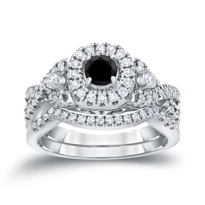 Auriya Vintage 3/4ctw Halo Black Diamond Engagement Ring Set 14k Gold