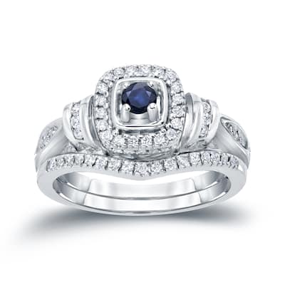 14k Gold 1/5ct Sapphire and 1/3ct TDW Halo Diamond Engagement Ring Set by Auriya