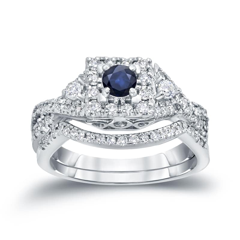 14k Gold Braided Infinity 1/4ct Sapphire and 1/2ct TDW Halo Diamond Engagement Ring Set by Auriya