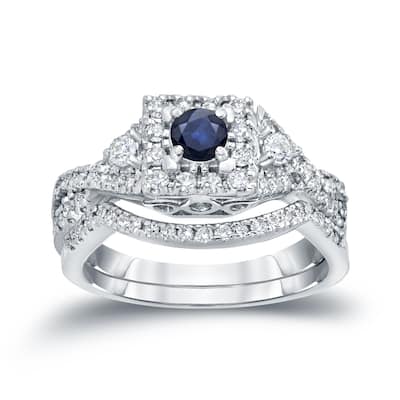 14k Gold Braided Infinity 1/4ct Sapphire and 1/2ct TDW Halo Diamond Engagement Ring Set by Auriya