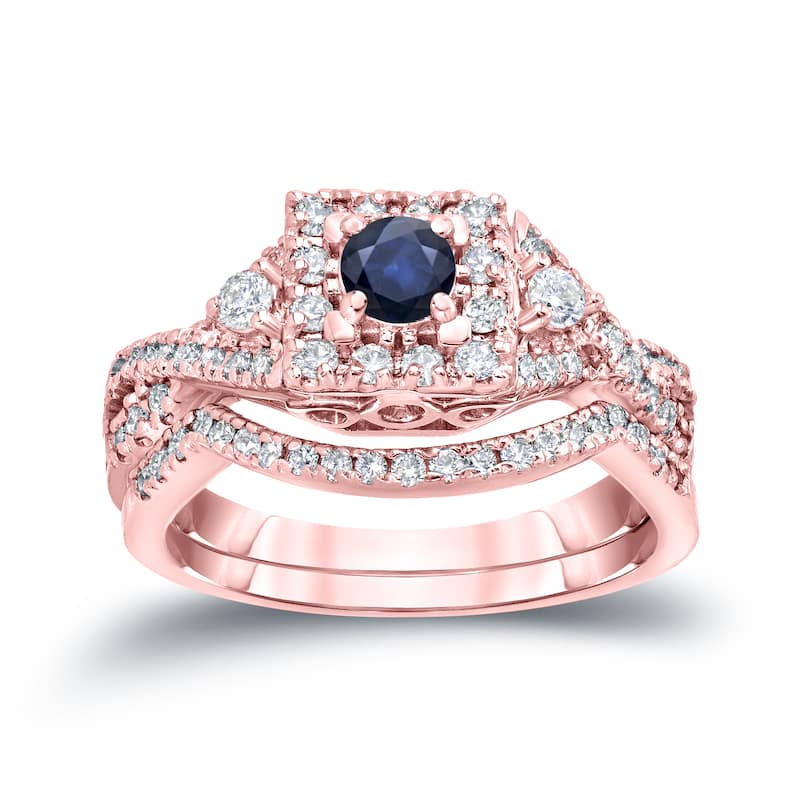 14k Gold Braided Infinity 1/4ct Sapphire and 1/2ct TDW Halo Diamond Engagement Ring Set by Auriya