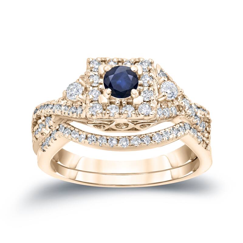 14k Gold Braided Infinity 1/4ct Sapphire and 1/2ct TDW Halo Diamond Engagement Ring Set by Auriya