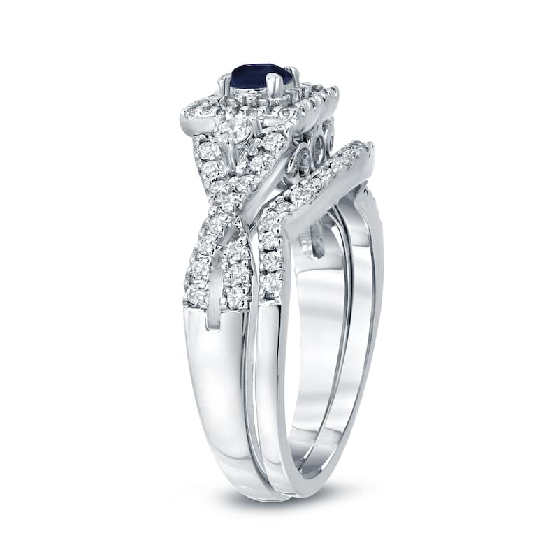 14k Gold Braided Infinity 1/4ct Sapphire and 1/2ct TDW Halo Diamond Engagement Ring Set by Auriya
