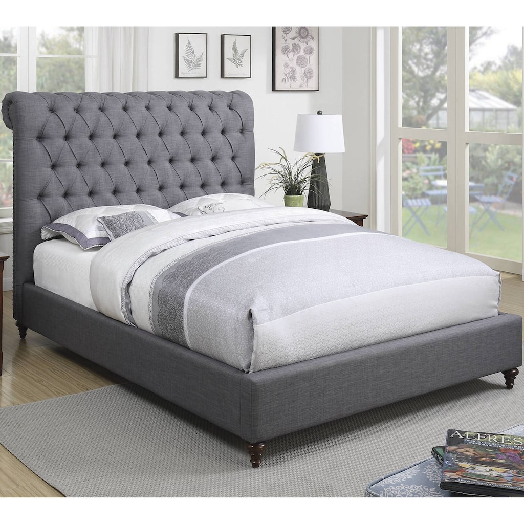 Modern Design Grey Upholstered Bed with Diamond Button Tufted Headboard and Nailhead Trim