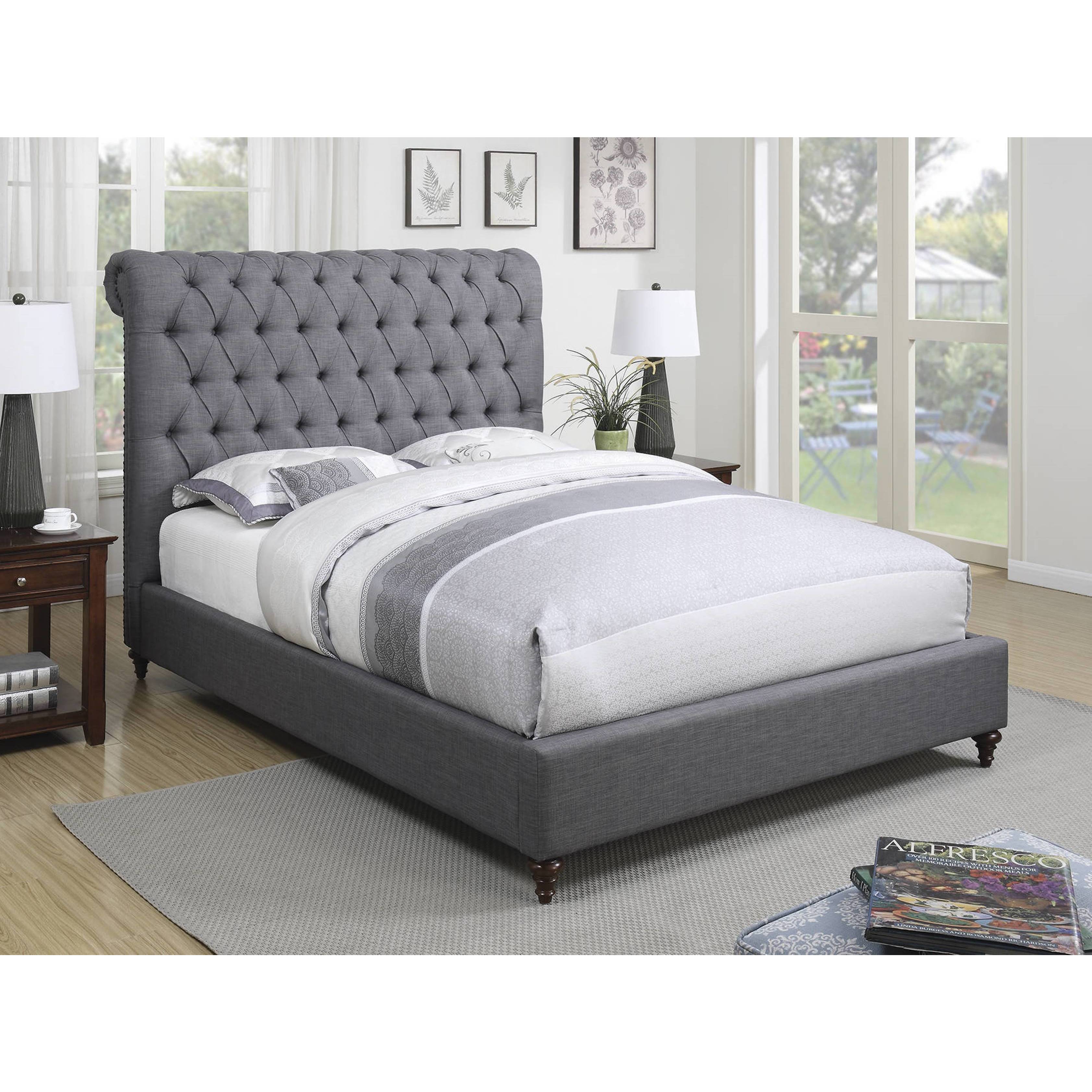 Shop Modern Design Grey Upholstered Bed With Diamond Button Tufted