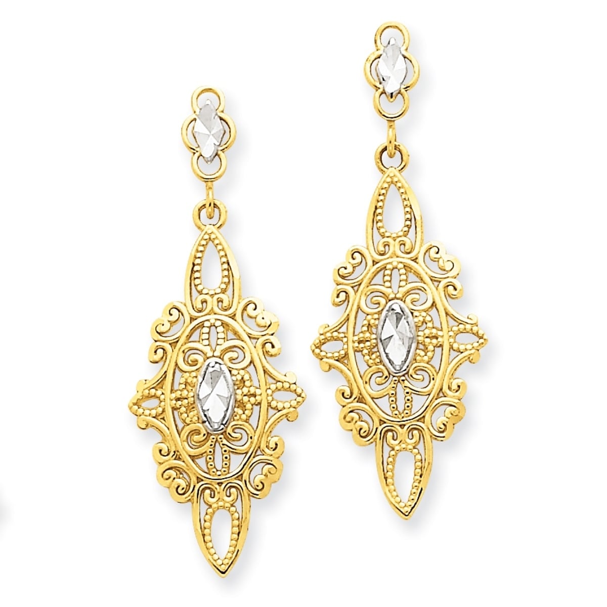 14K and Rhodium Diamond-cut Filigree Medallion Drop Post Earrings
