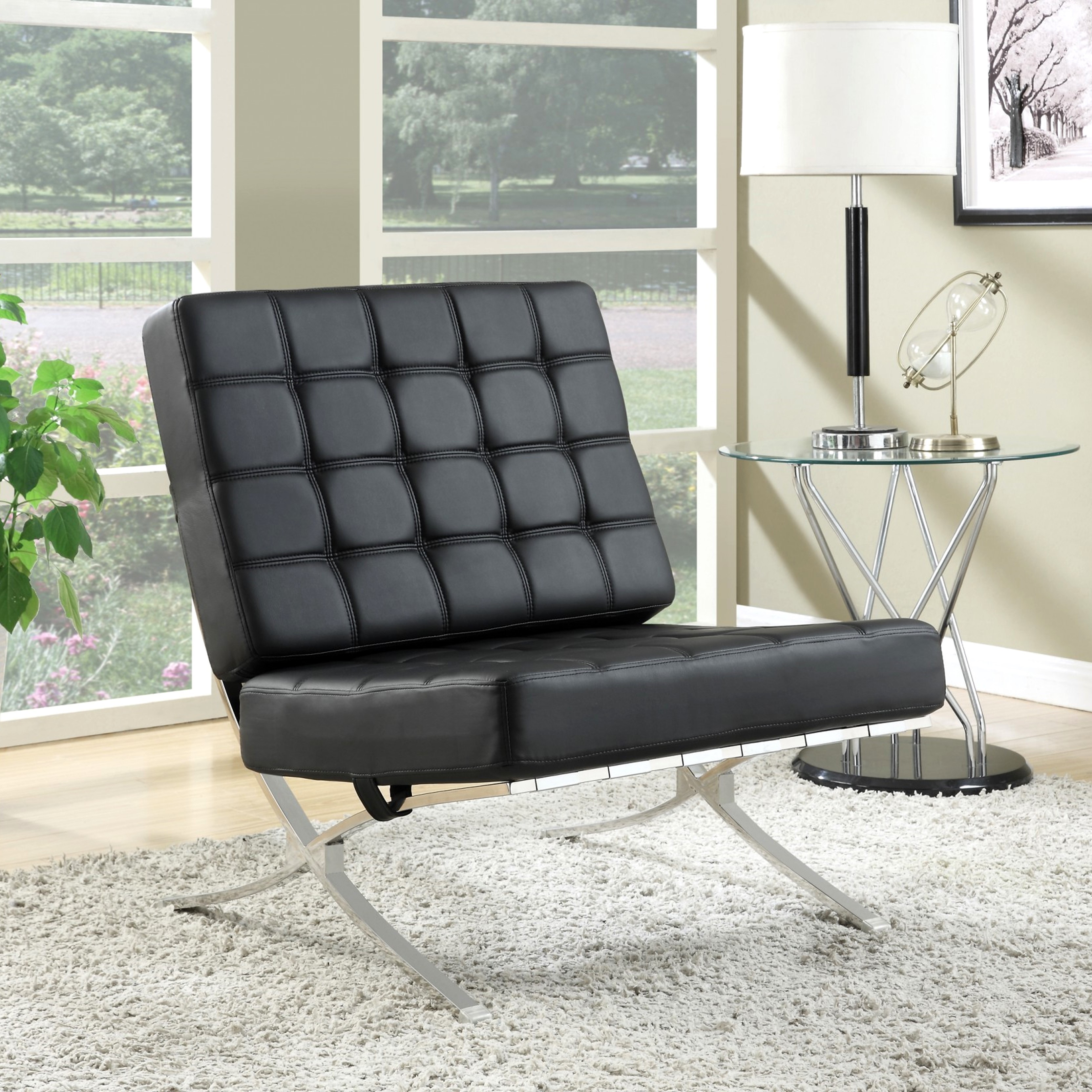 Modern Plush Waffle Design Black Large Living Room Accent Chair