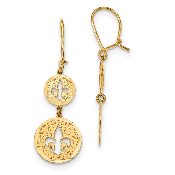 14K Yellow Gold Diamond Cut Fleur De Lis Dangle Kidney Wire Earrings by Versil