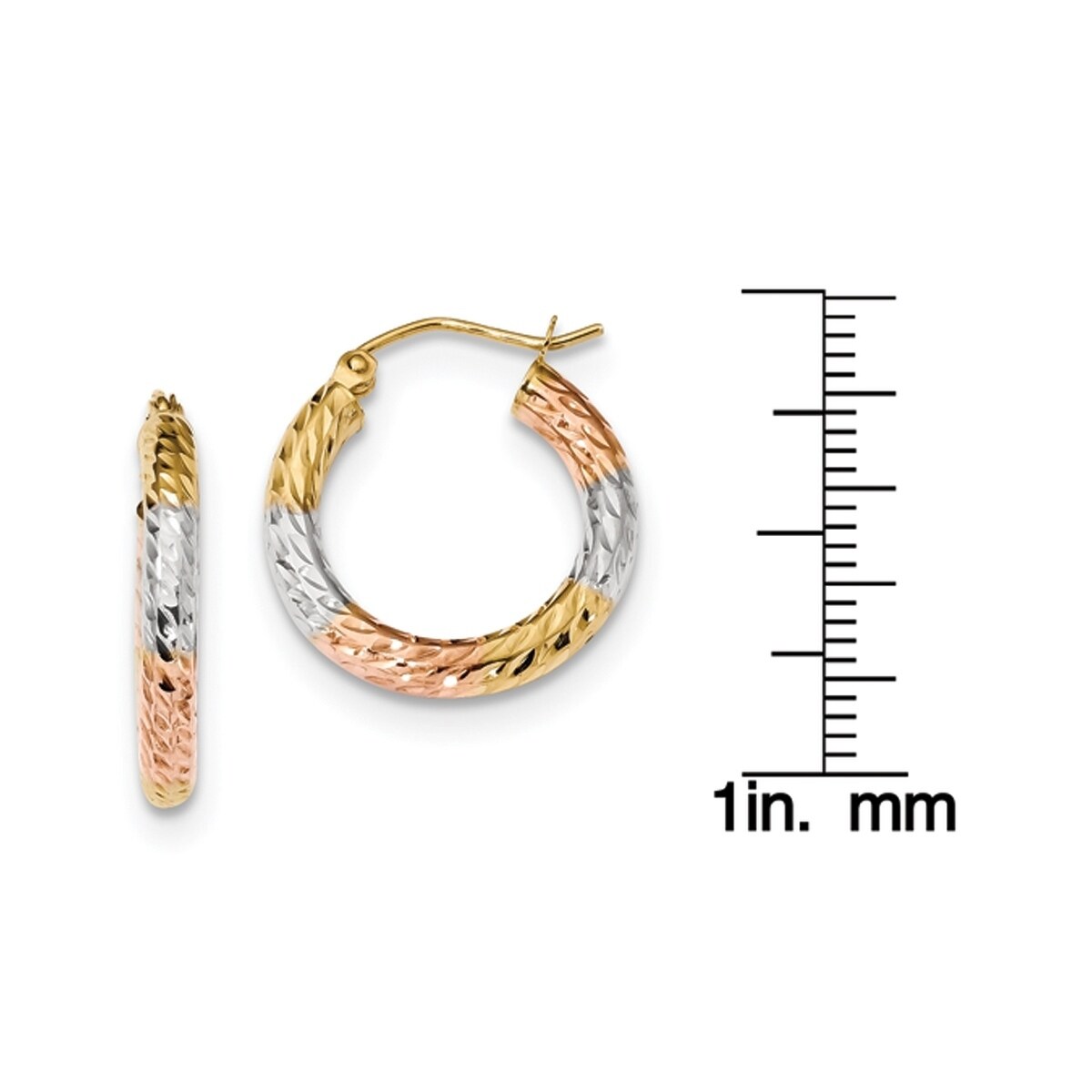 14k Yellow & Rhodium w/White and Rose Rhodium Polished & Diamond-cut Hoop Earrings
