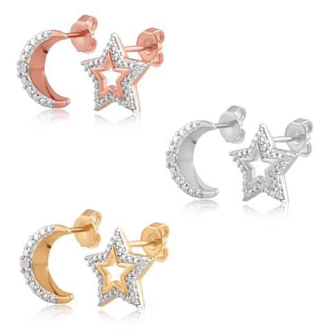 Divina Silver Overlay, Rose and Yellow Goldtone Diamond Accent Star and Moon Earring.(I-J/I2-I3)