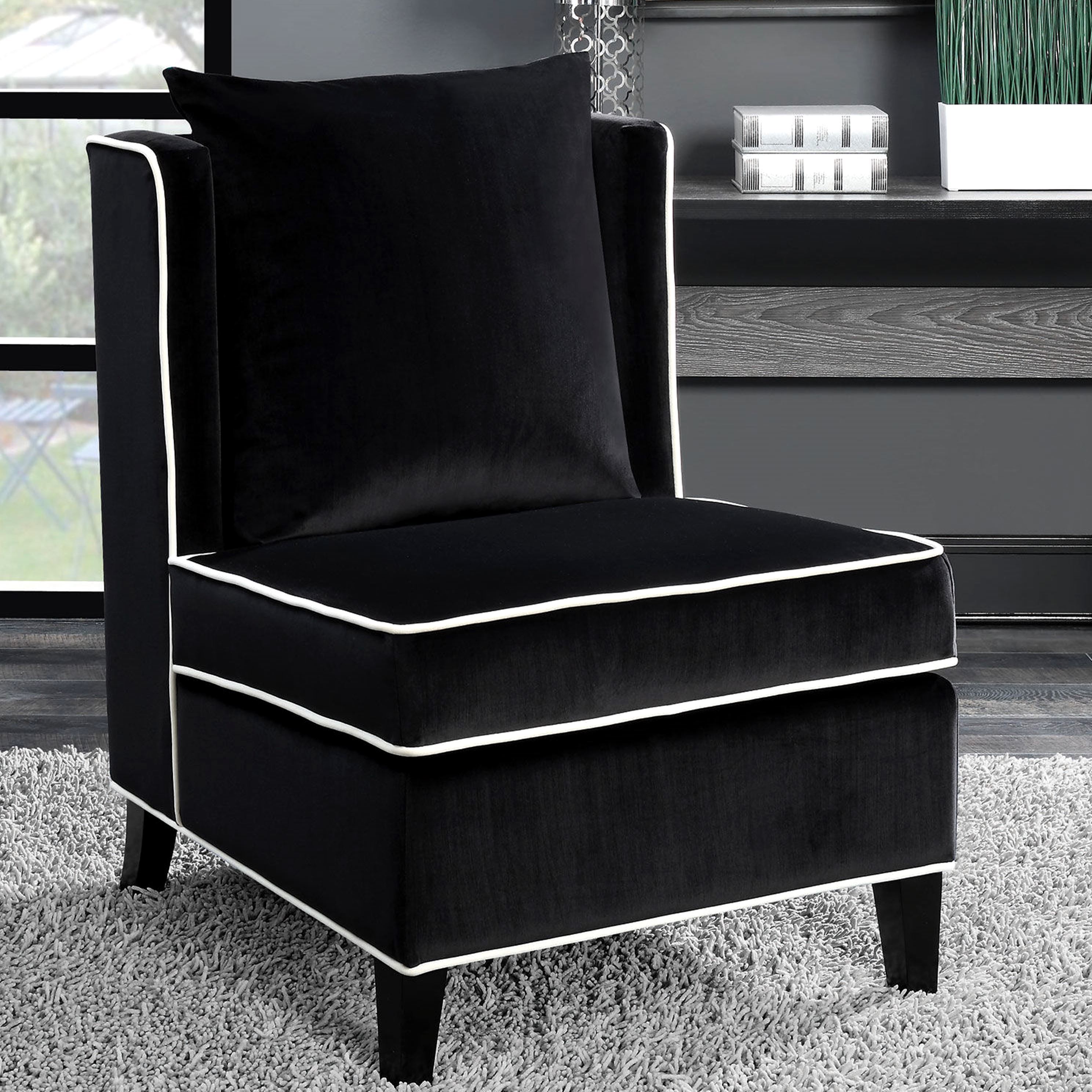 living room black velvet accent chair with white piping
