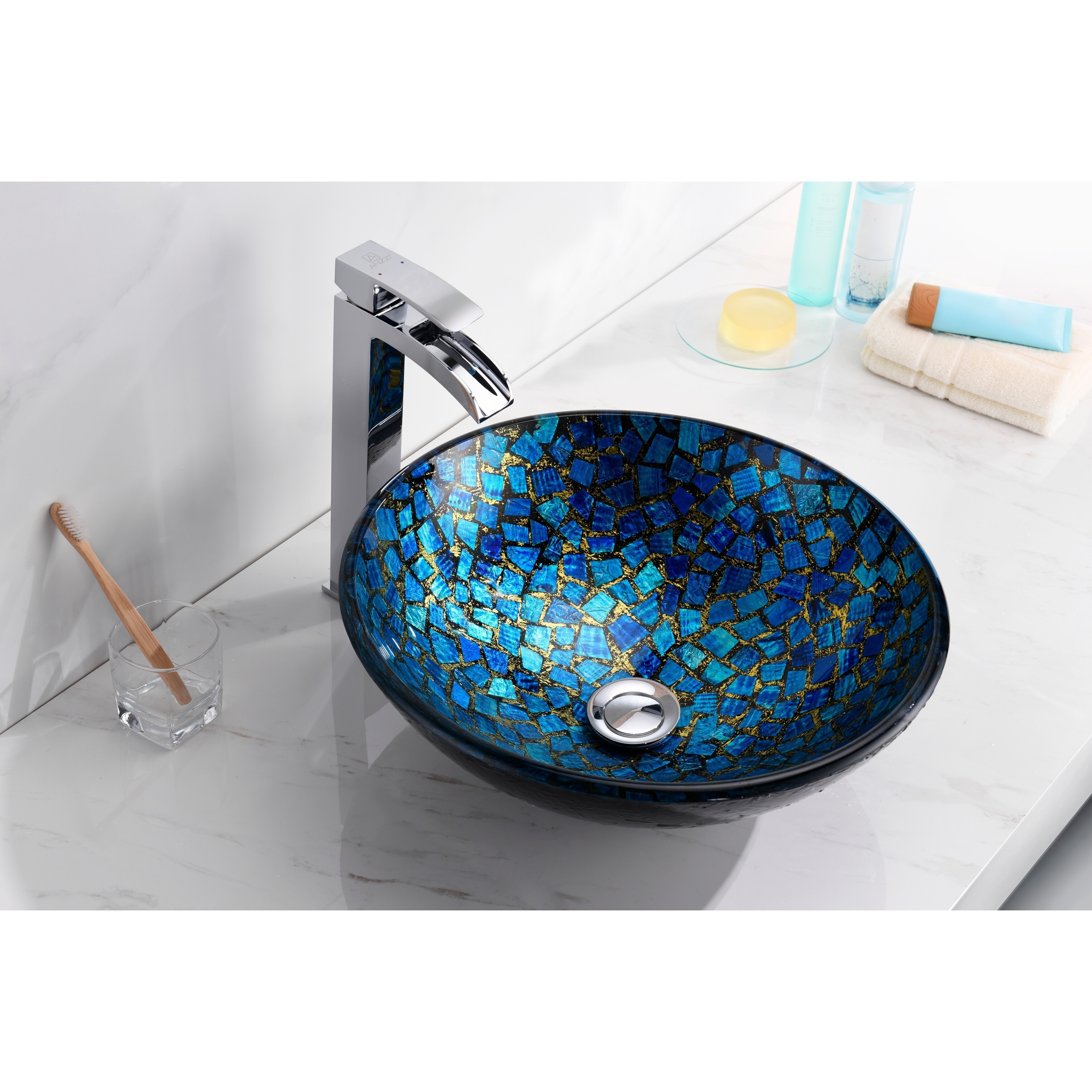 ANZZI Mosaic Series Vessel Sink in Blue/Gold Mosaic - Overstock