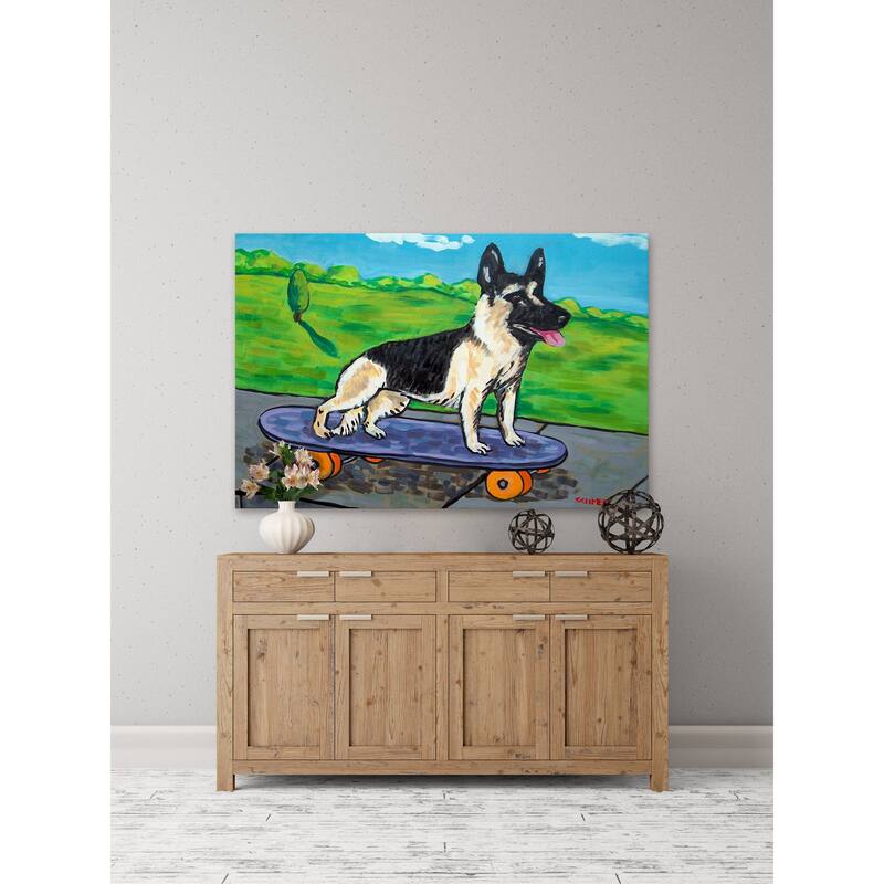 'German Shepherd Skateboard' Painting Print on Wrapped Canvas - Multi-Color