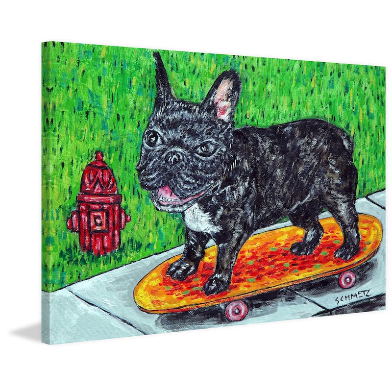 'French Bulldog Skateboarding' Painting Print on Wrapped Canvas - Multi-Color