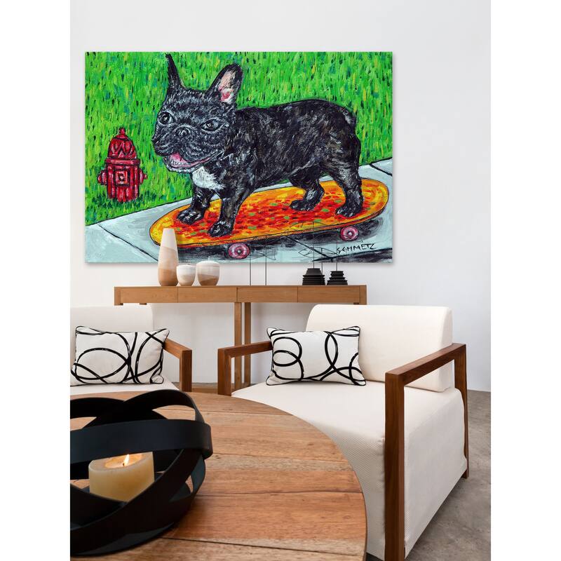 'French Bulldog Skateboarding' Painting Print on Wrapped Canvas - Multi-Color