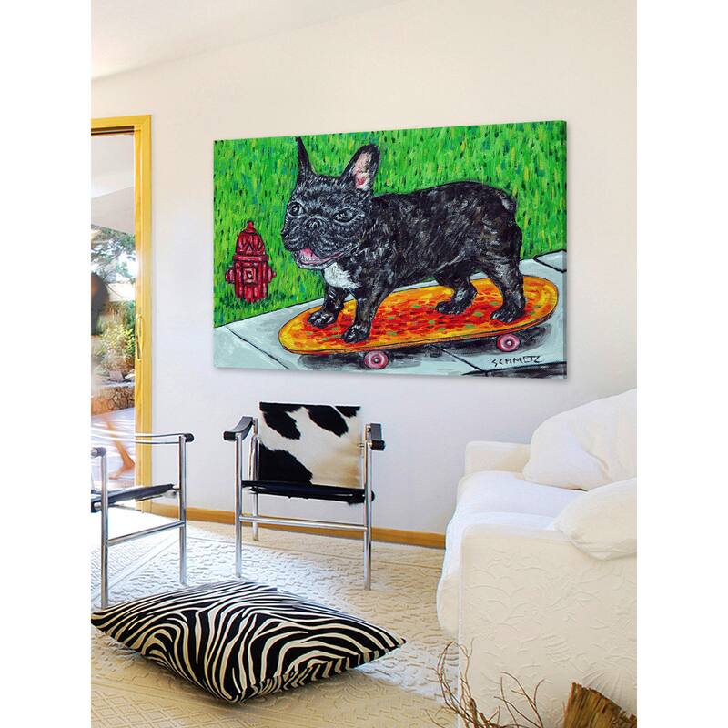 'French Bulldog Skateboarding' Painting Print on Wrapped Canvas - Multi-Color