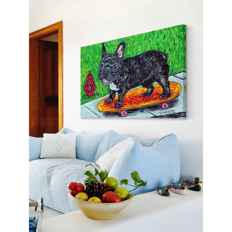 'French Bulldog Skateboarding' Painting Print on Wrapped Canvas - Multi-Color