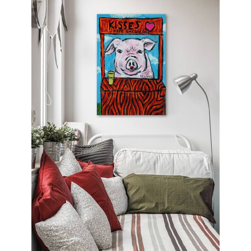'Pig Kissing Booth' Painting Print on Wrapped Canvas - Multi-Color