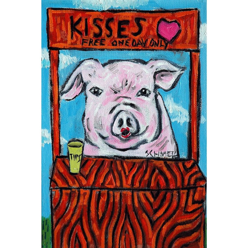 'Pig Kissing Booth' Painting Print on Wrapped Canvas - Multi-Color