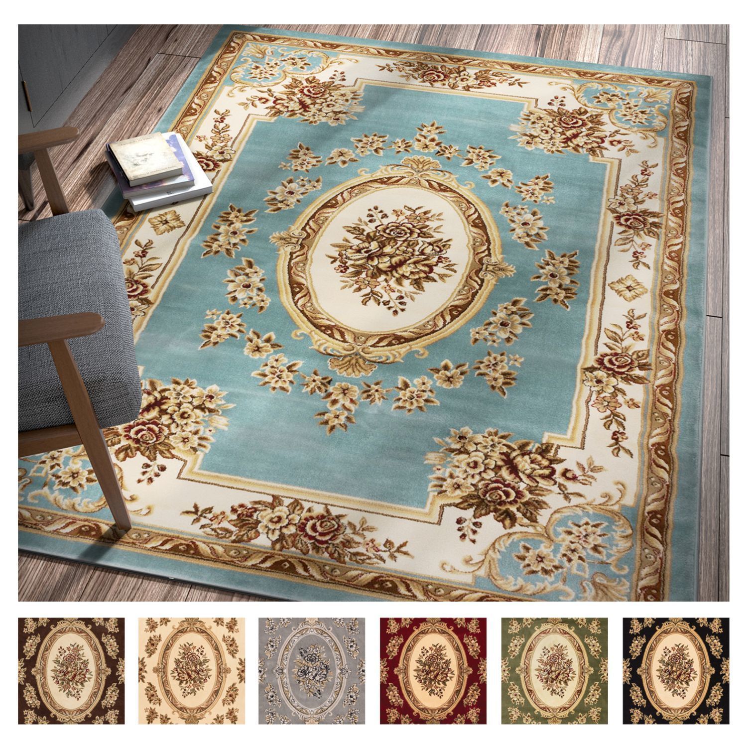 SMALL EXTRA LARGE CLASSIC TRADITIONAL AUBUSSON PATTERN DURABLE SOFT PILE RUGS 
