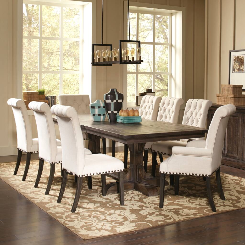 French Baroque Designed Dining Set with Rolled Back Button Tufted Chairs and Nailhead Trim