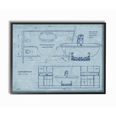 Master Bath Plan Blueprint Framed Giclee Texturized Art