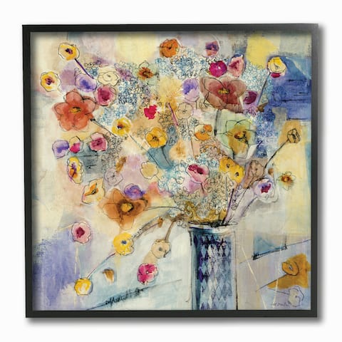 Painted Flowers Line Drawing Framed Giclee Texturized Art - Multi-Color
