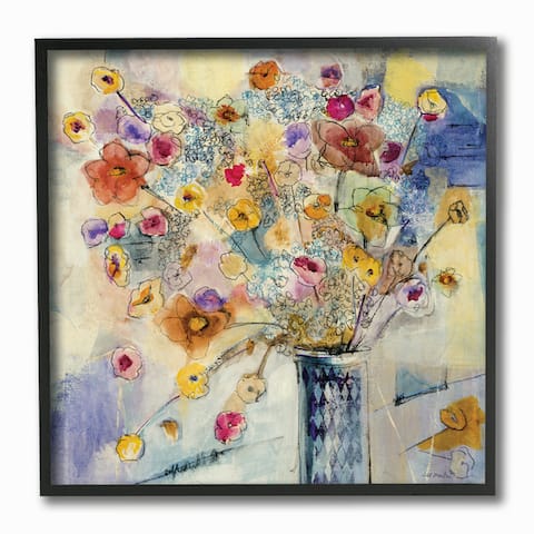 Painted Flowers Line Drawing Framed Giclee Texturized Art - Multi-Color