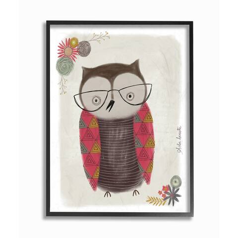 Cute Nerdy Owl Illustration Framed Giclee Texturized Art