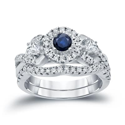 14k Gold 1/5ct Sapphire and 3/5ct TDW Halo Diamond Engagement Ring Set by Auriya