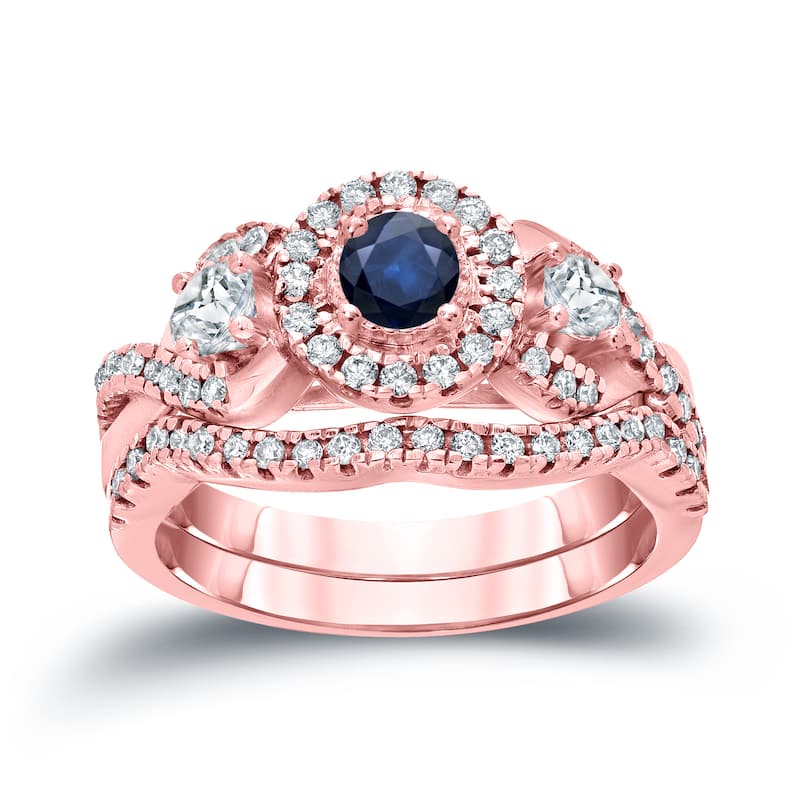14k Gold 1/5ct Sapphire and 3/5ct TDW Halo Diamond Engagement Ring Set by Auriya