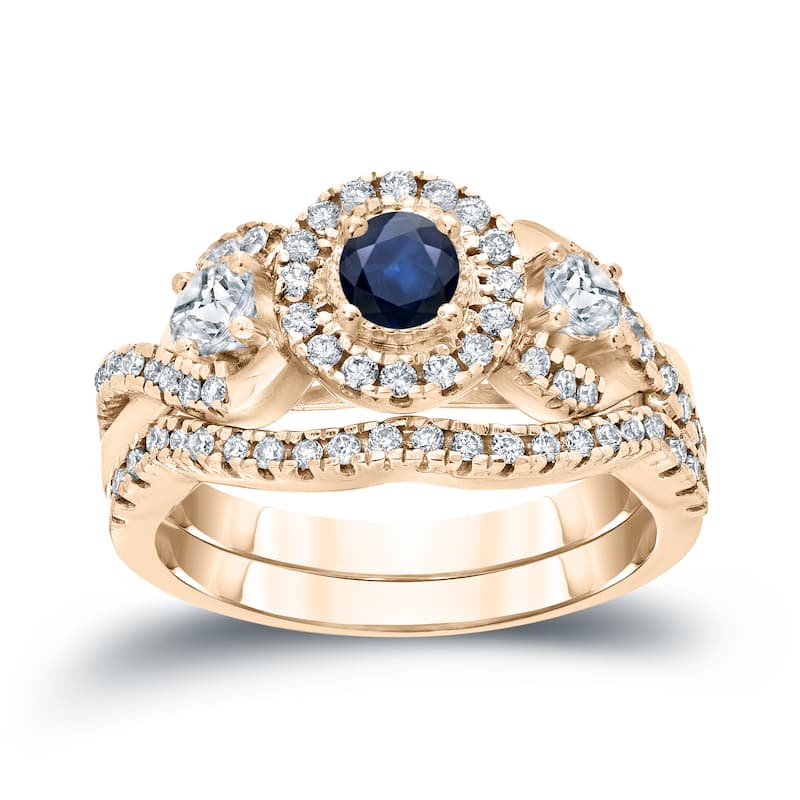 14k Gold 1/5ct Sapphire and 3/5ct TDW Halo Diamond Engagement Ring Set by Auriya