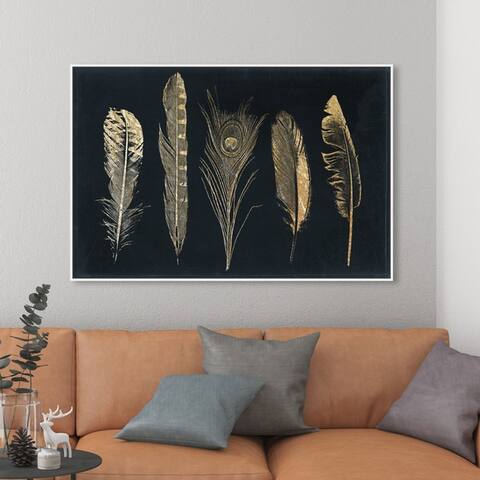 Oliver Gal Fashion and Glam Wall Art Framed Canvas Prints 'Corinthian Feathers' Feathers - Gold, Blue