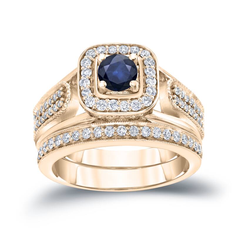 14k Gold Vintage 1/6ct Sapphire and 1/2ct TDW Halo Diamond Engagement Ring Set by Auriya