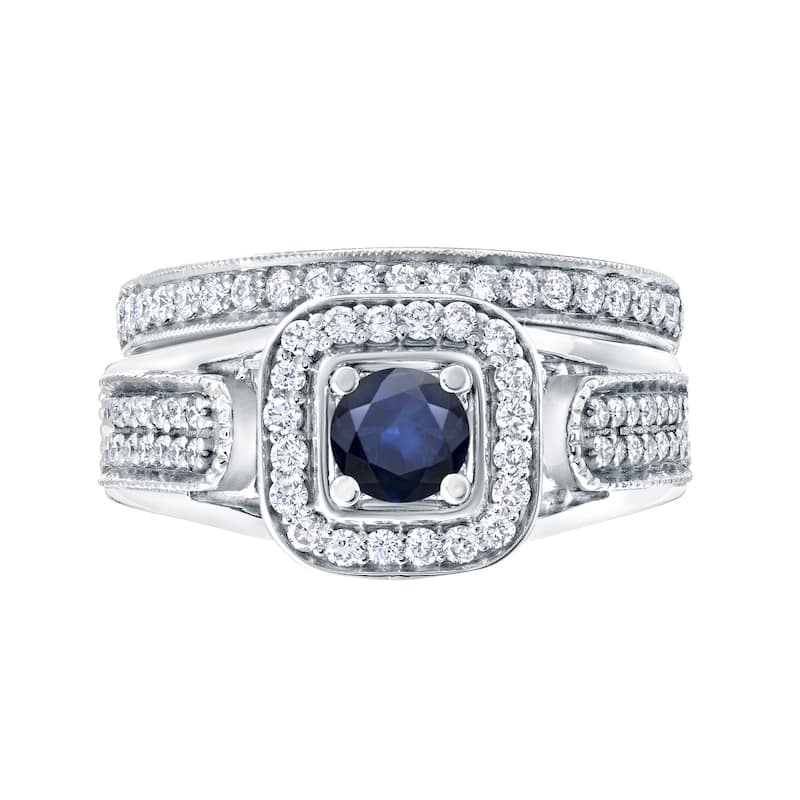 14k Gold Vintage 1/6ct Sapphire and 1/2ct TDW Halo Diamond Engagement Ring Set by Auriya