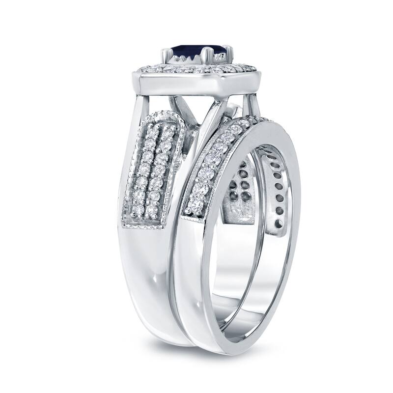 14k Gold Vintage 1/6ct Sapphire and 1/2ct TDW Halo Diamond Engagement Ring Set by Auriya