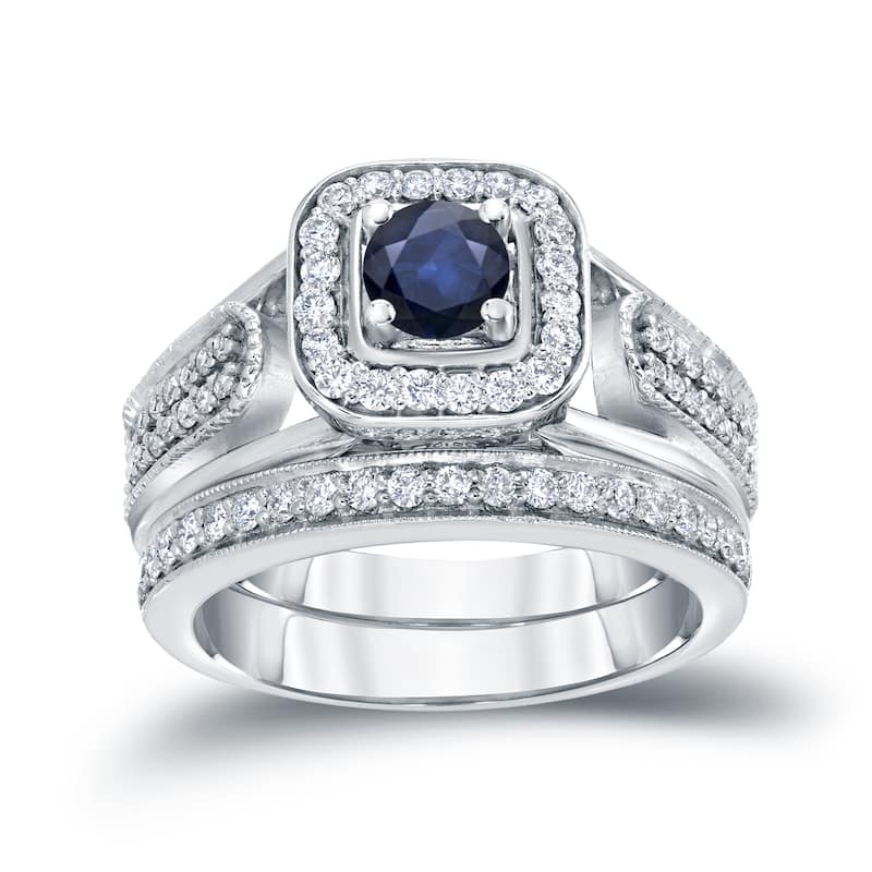 14k Gold Vintage 1/6ct Sapphire and 1/2ct TDW Halo Diamond Engagement Ring Set by Auriya