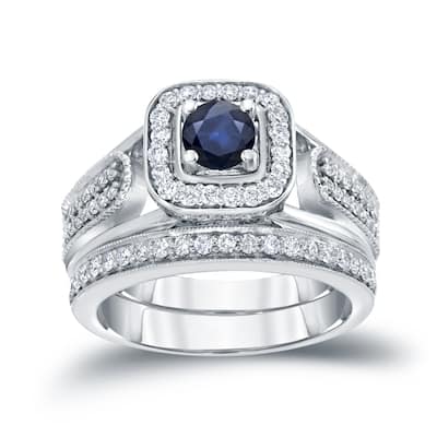 14k Gold Vintage 1/6ct Sapphire and 1/2ct TDW Halo Diamond Engagement Ring Set by Auriya