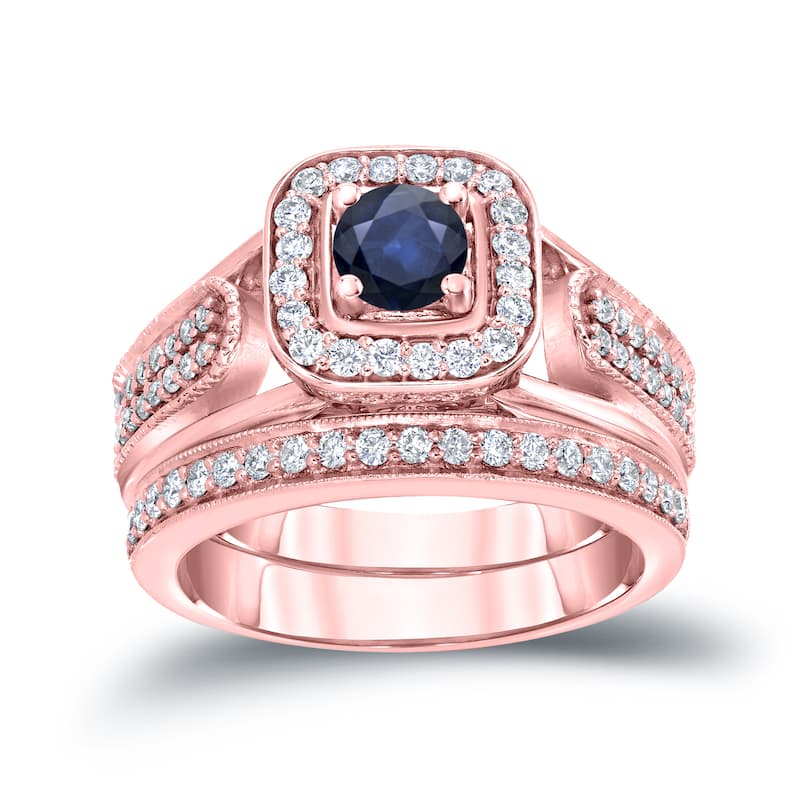 14k Gold Vintage 1/6ct Sapphire and 1/2ct TDW Halo Diamond Engagement Ring Set by Auriya