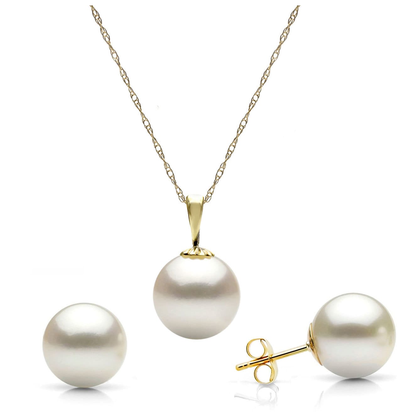 DaVonna 14k Yellow Gold 10-10.5mm White Freshwater Pearl Pendant Necklace and Stud Earrings Set, 18