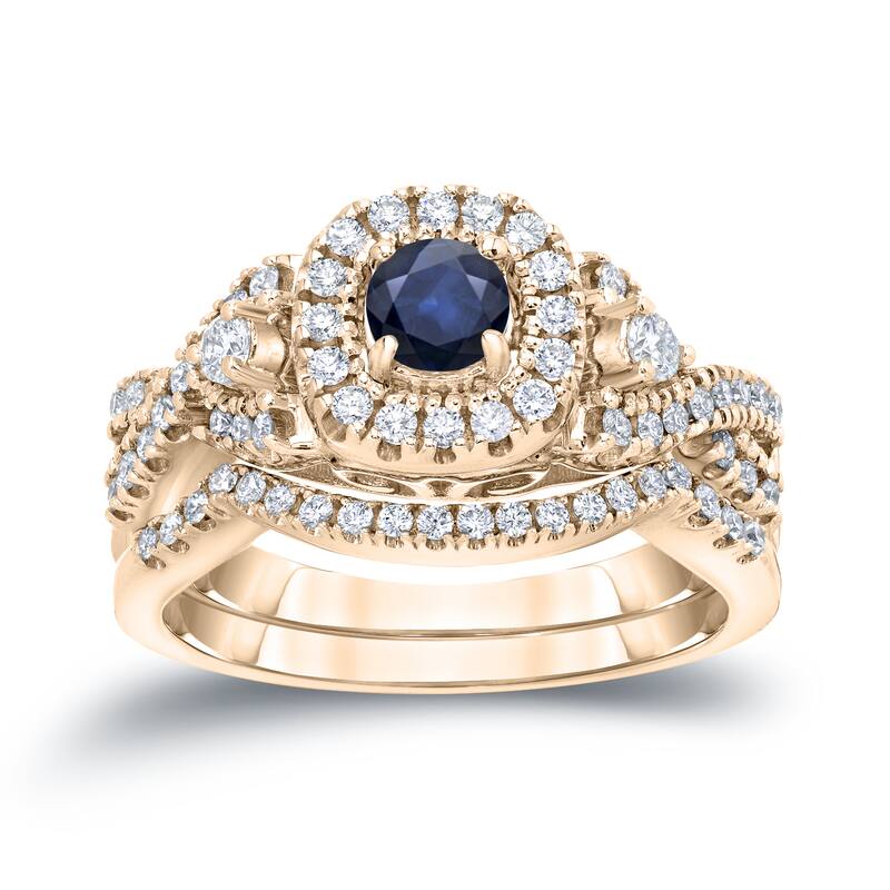 14k Gold 1/4ct Sapphire and 1/2ct TDW Halo Diamond Engagement Ring Set by Auriya